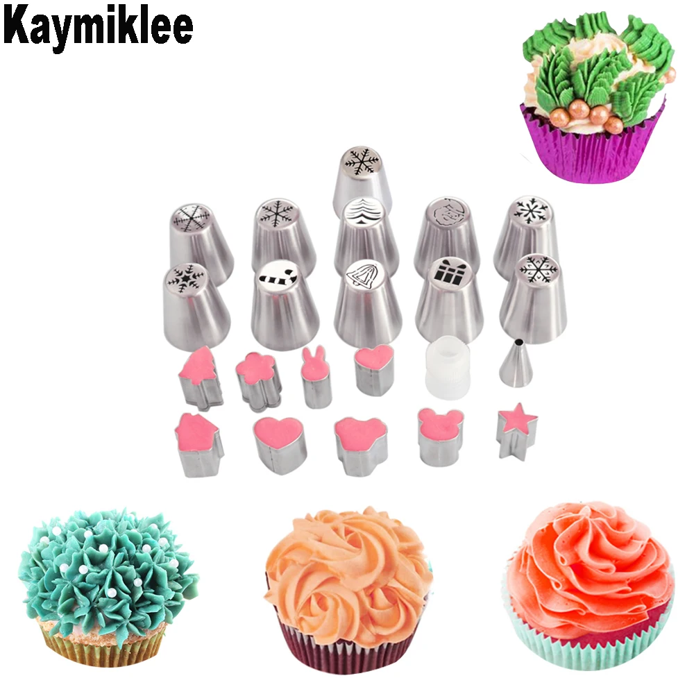 

KAYMIKLEE 24PCS/SET Cookie Cutter and Nozzle Set Pastry Cake Icing Piping Stainless Steel Cake Decorating Pastry Tips Set CS080
