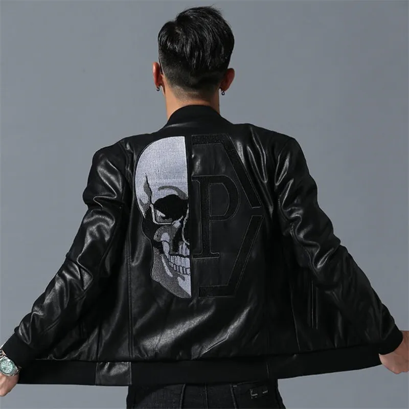 Sudaderas Hombre Куртки из искусственной кожи с черепами и стразами уличная одежда