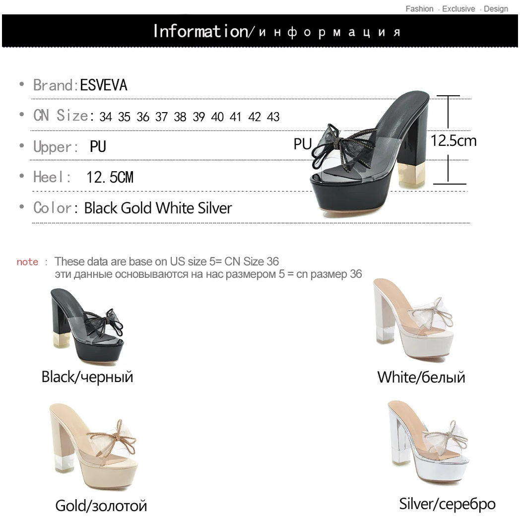 

ESVEVA 2019 Women Sandals Square Super High Heel PU Leather Transparent Mixed Color Butterfly-Knot Slipper Sunmmer Size34-43