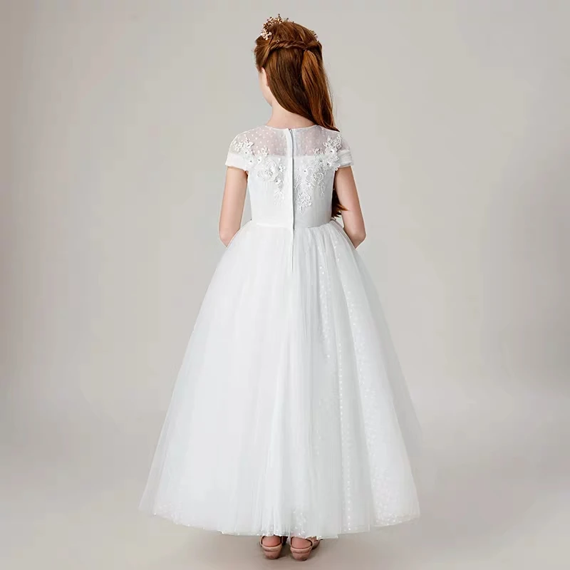 

2019 Snow-White Color Children Girls Luxury Birthday Wedding Party Princess Long Dress Kids Piano Costume Costume Prom Dress