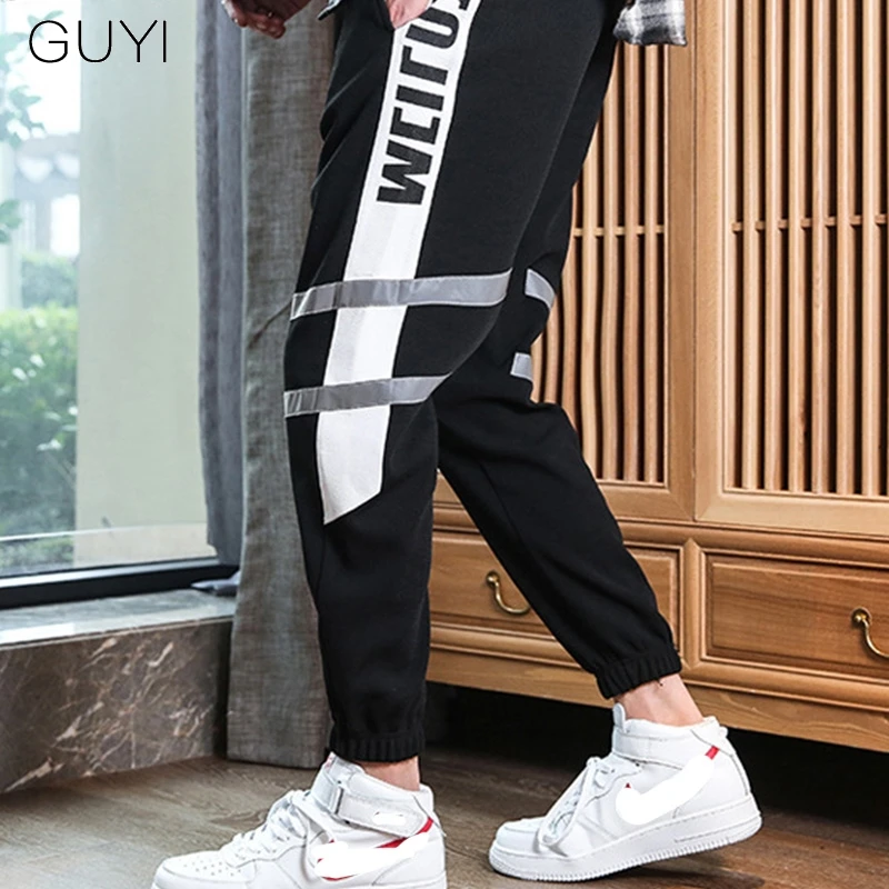 GUYI Sport Pants Men Full Length Drawstring Joggers Male Boy Fashion Casual Streetwear Trousers Print Side Stripe Black Letter | Мужская
