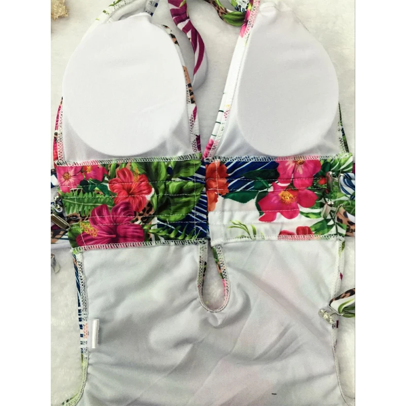 Кружевной купальник с цветочным принтом лямкой на шее летняя пляжная одежда