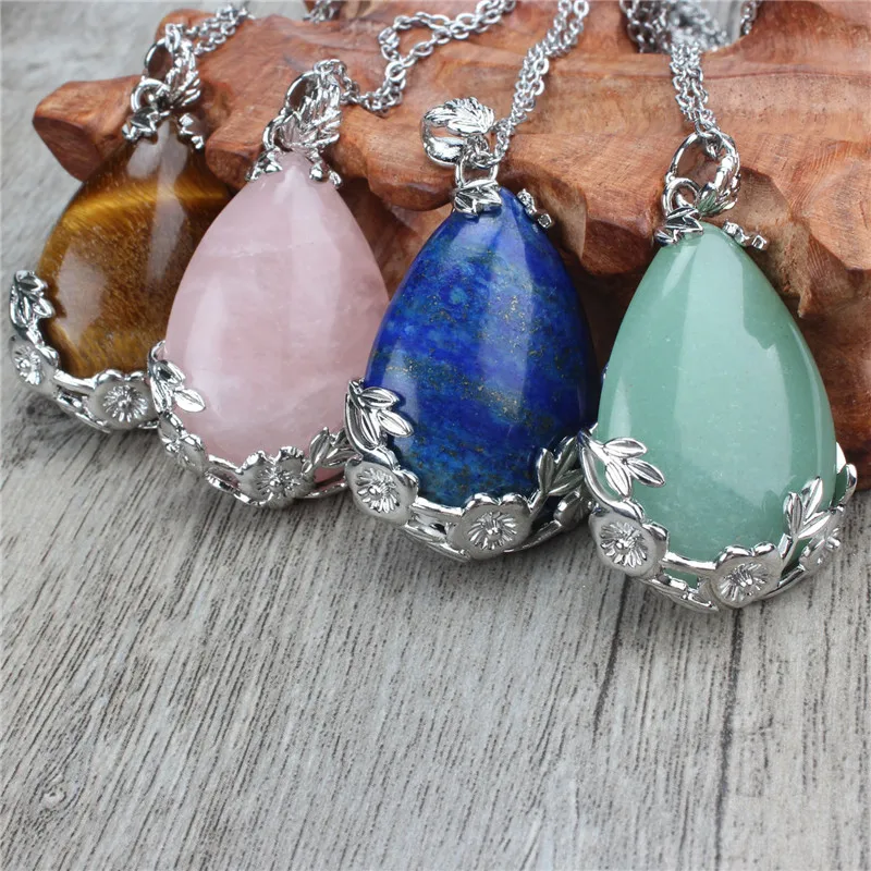 Natural Quartz Teardrop Pendant Necklace Romantic Stainless Steel Cable Chain necklace Women's adjustable Choker | Украшения и