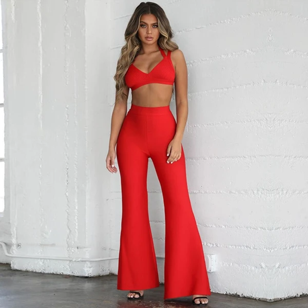 Red Adyce новые летние женские бандажные комплекты Vestidos топы и брюки 2 шт. комплект без рукавов с v-образным вырезом комплекты знаменитостей вечеринка - Цвет: Red