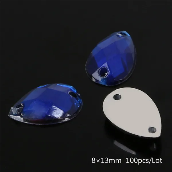Blue Новинка, 8*13 мм, 100 шт, 10 цветов, Хрустальная форма dr, стразы, 2 отверстия, плоские с оборота, акриловые стразы для одежды, для шитья ювелирных изделий - Цвет: Blue