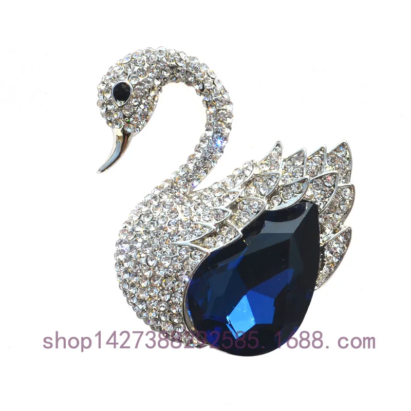 Женская брошь в форме лебедя синего цвета с родиевым покрытием|brooch rhinestone|fashion jewelry