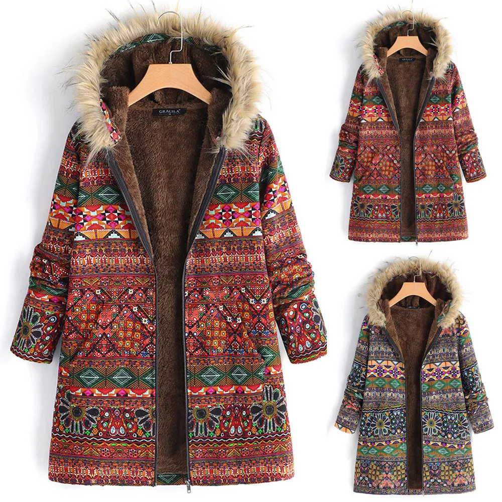 *Womens Plus Size Coat Winter Warm Outwear Floral Print Hooded Pockets Vintage Oversize Coats Women's Casual | Женская одежда