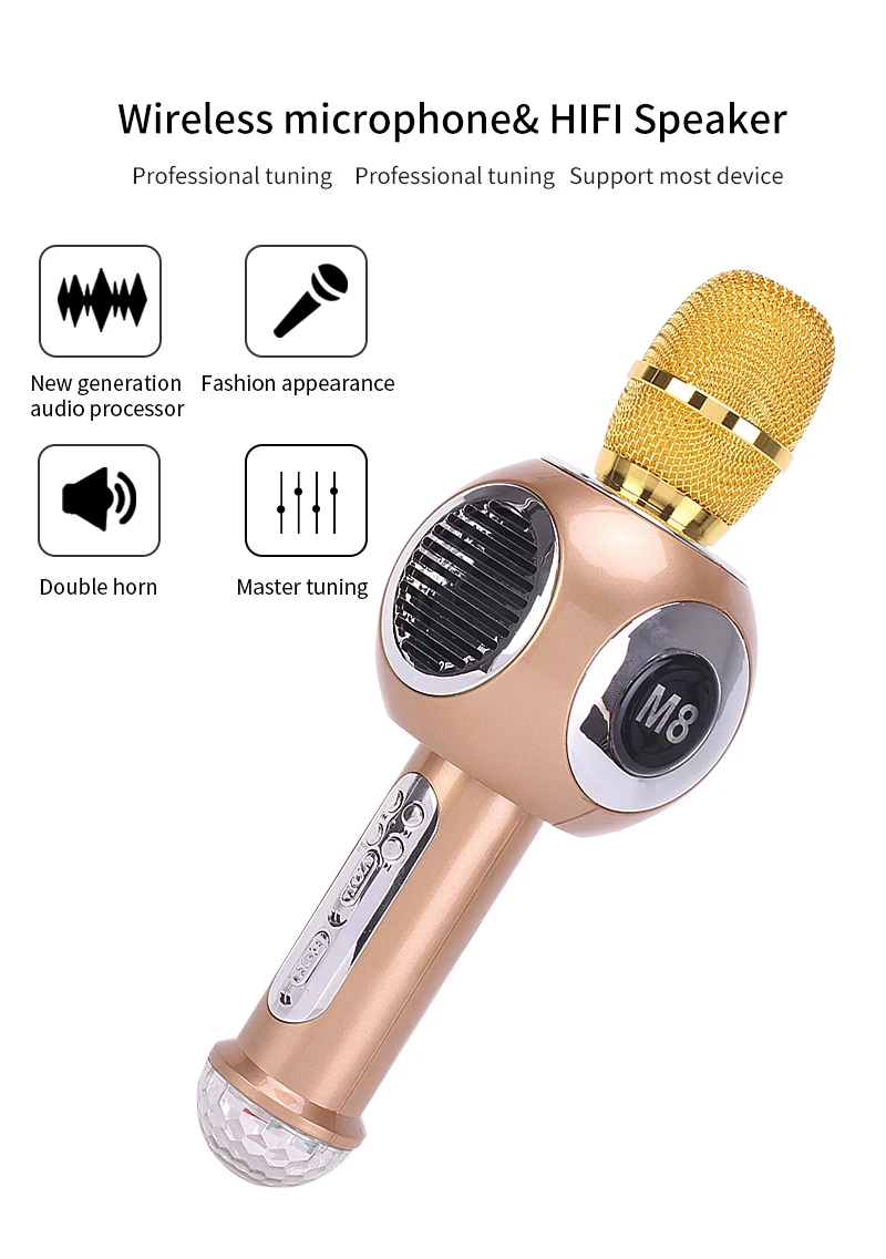 Микрофон конденсаторный студийный Mikrofon караоке Bluetooth Mic Динамик портативный для компьютера беспроводной Автомобильный Радио с KTV Disco Light