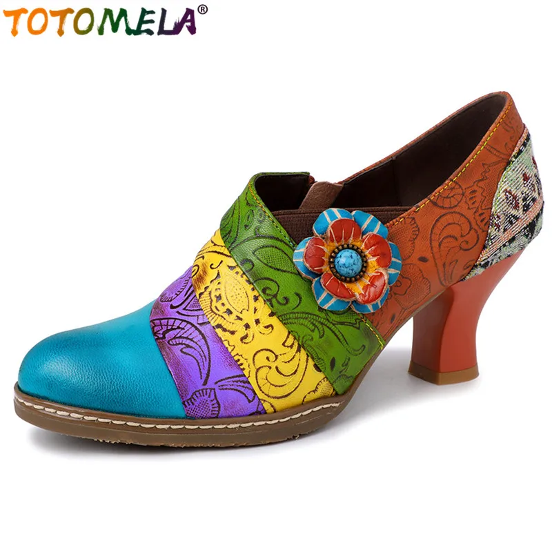 

TOTOMELA 2022 New Genuine leather shoes woman pump ladies shoes zip mixed color stripe thick high heels party wedding shoes