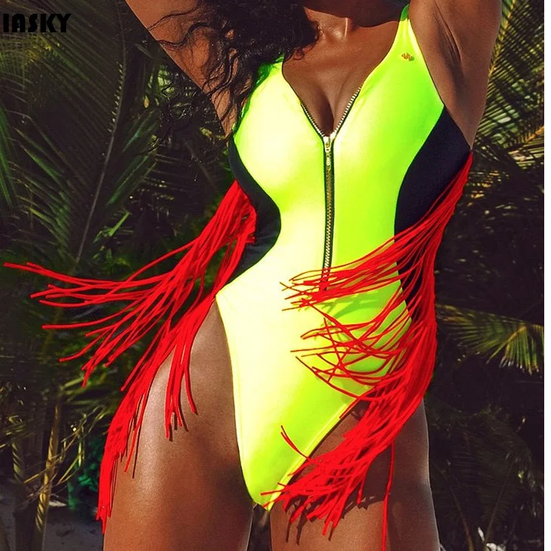 Новинка 2019 спортивный Цельный купальник IASKY с бахромой и молнией спереди сексуальный женский высоким