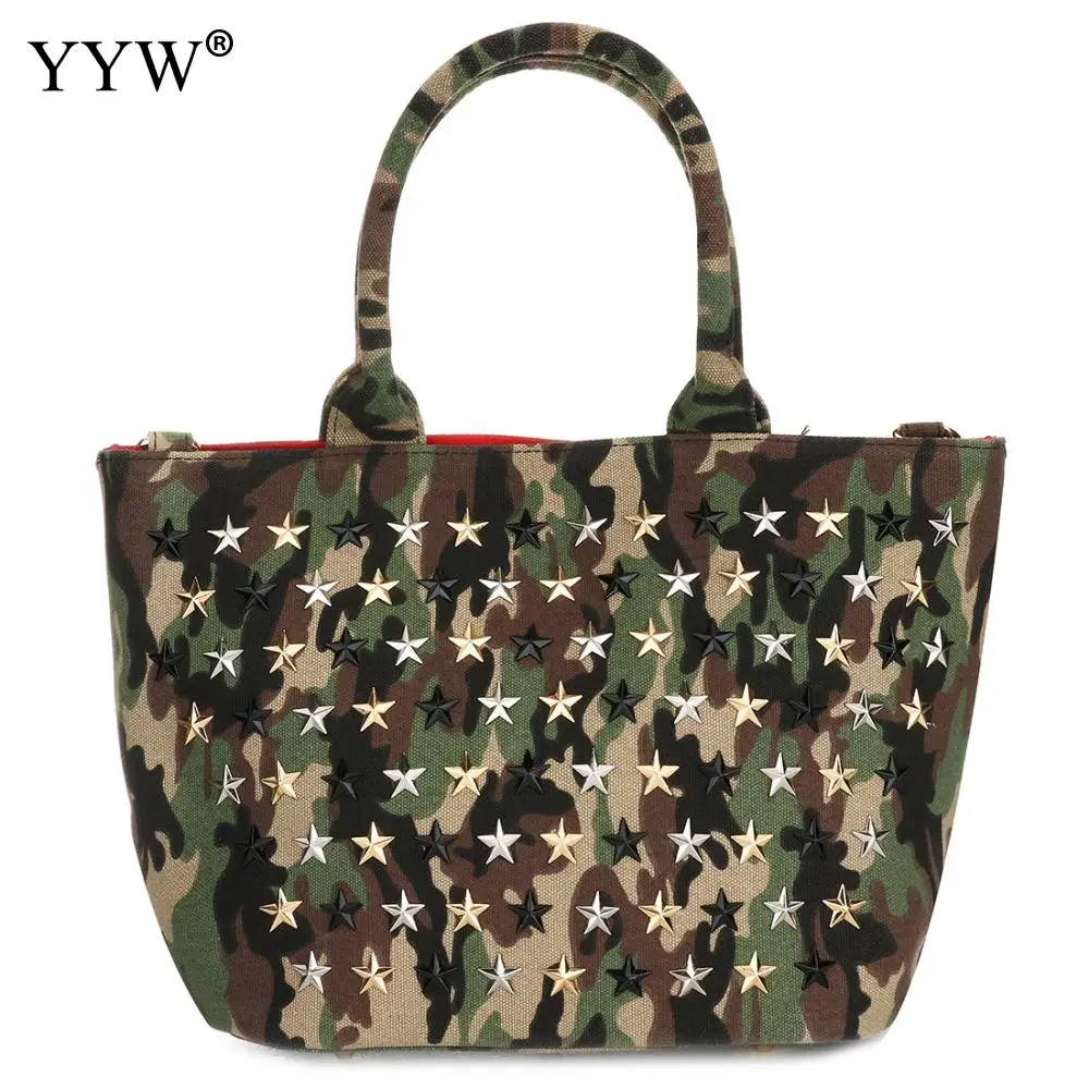 army green Панк звезды заклепки камуфляжный рюкзак из холщовой ткани с принтом Модные женские большие вместительные сумки женские сумки через плечо - Цвет: army green