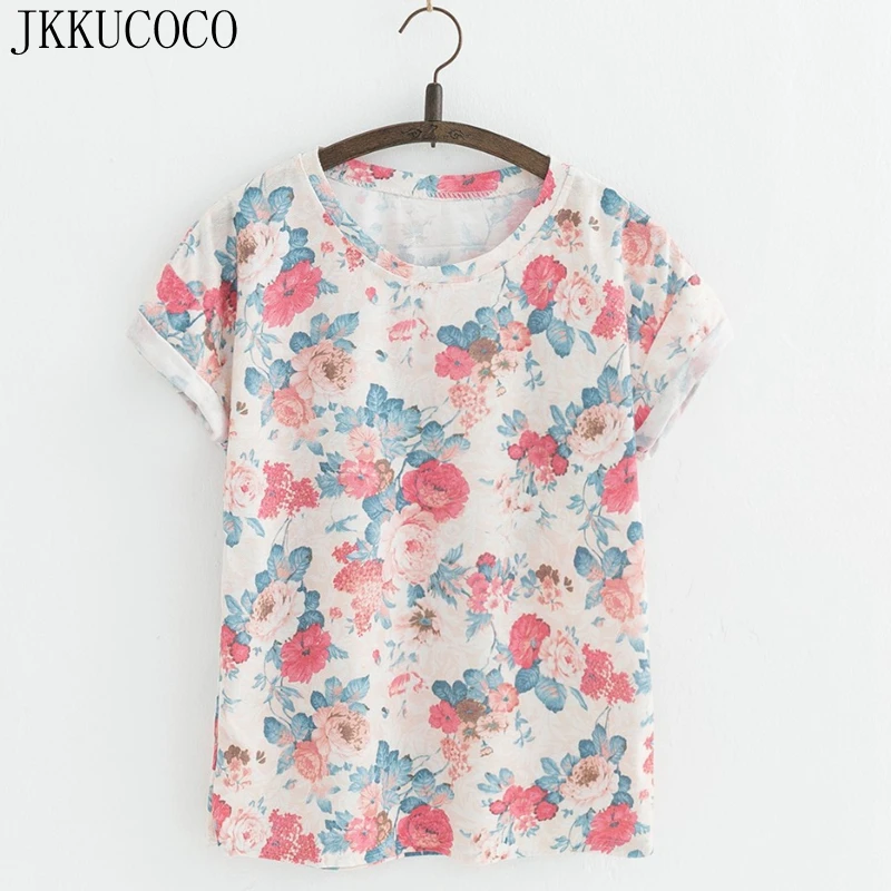 Женская футболка с цветочным принтом JKKUCOCO хлопковая коротким рукавом