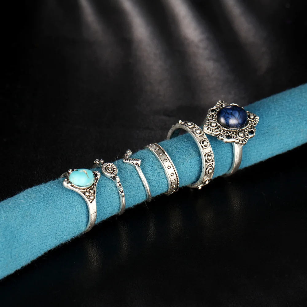 6 шт./компл. антикварный серебряный цвет синий камень набор колец на сустав пальца