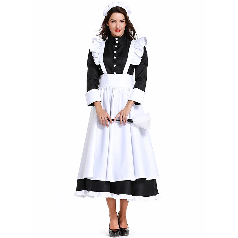 

Plus Size Classic Black White French Maid Servant Costume Adult Ladies Waiter Clothing Dress Women Halloween Fancy Party Dress