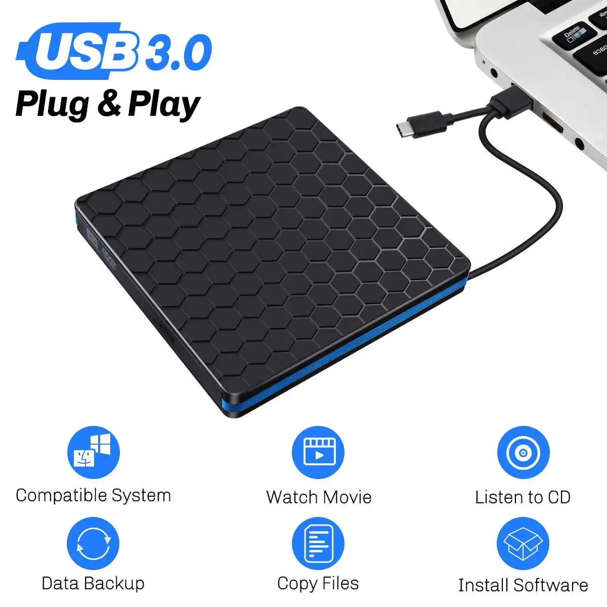 External DVD Drive Optical Drive USB 3.0 CD ROM Player CD-RW Burner Writer Reader Recorder Portatil for Laptop Windows PC
