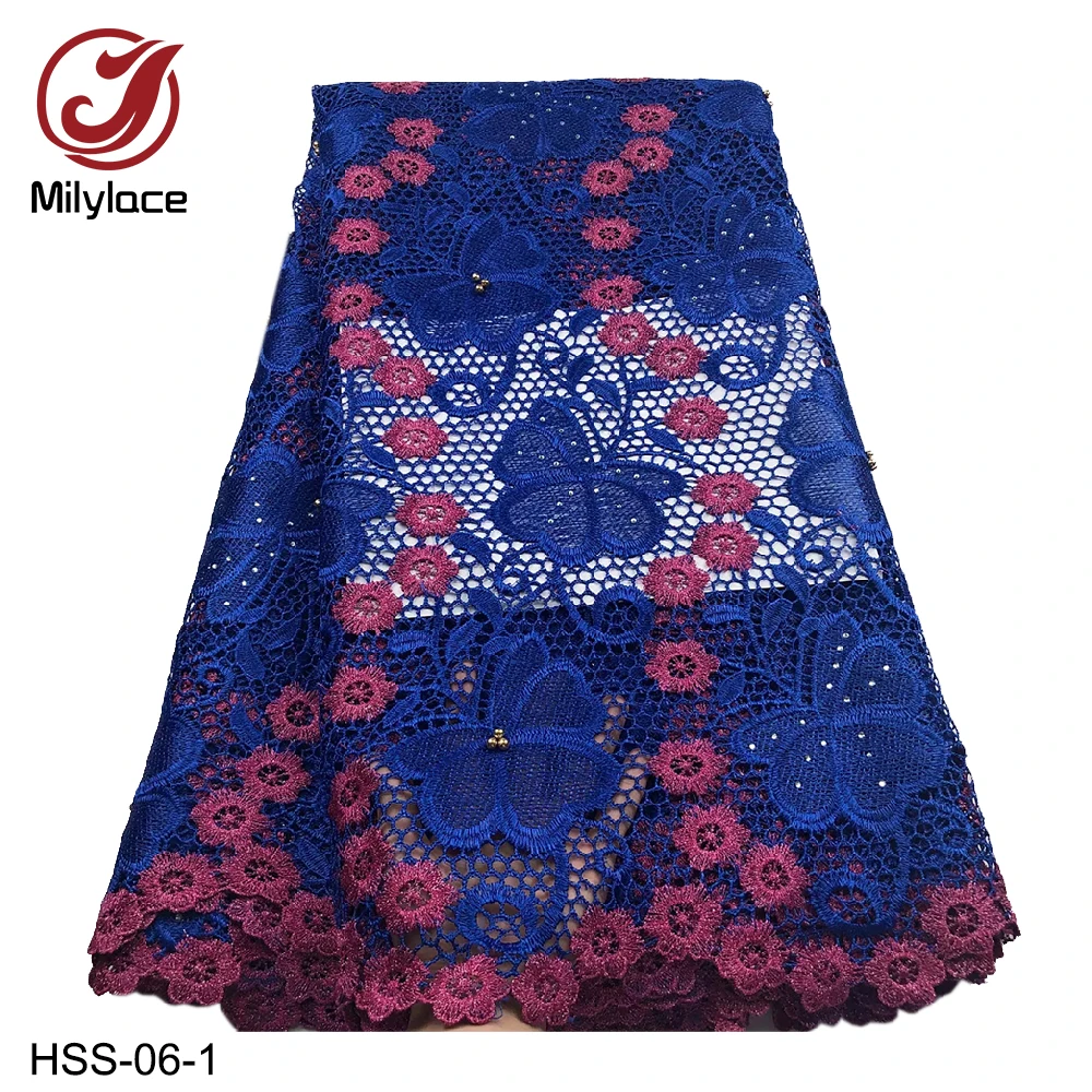 

Milylace latest African guipure lace fabric 5 yards butterfly water soluble lace with beads and stones for party dresses HSS-06