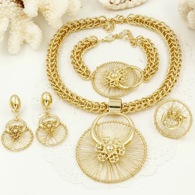 jewelry sets Liffly New Italy Fashion Costume Jewellery African Women Big Necklace Bracelet Rings Earrings Set Dubai Gold Platin Jewelry Sets - Окраска металла: jewelry sets