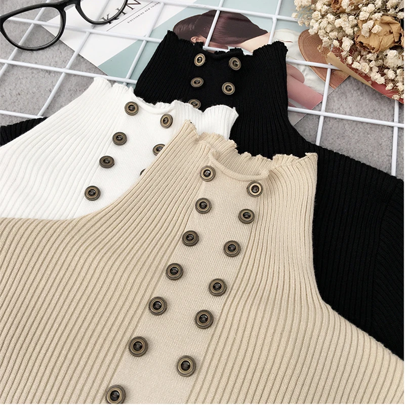 Button Turtleneck Winter Sweater Women 2019 Knitted Pullover Female Jumper Tricot Women's Tops Pull Femme White Black | Женская