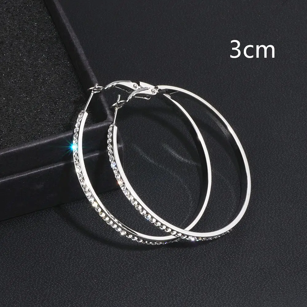 3cm Модные серьги-кольца с большими кругами для женщин, модные серебряные круглые серьги с кристаллами, вечерние ювелирные изделия, подарок WX105 - Окраска металла: 3cm