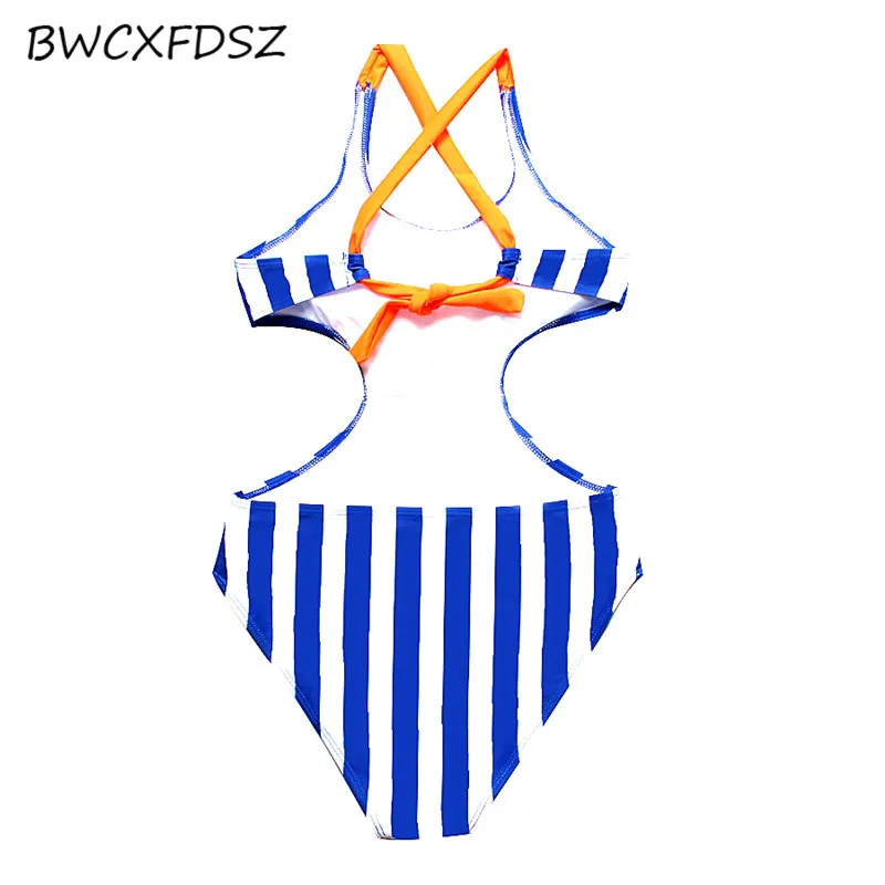 BWCXFDSZ Купальник One Piece для женщин в полоску с завязками, пуш-ап и открытой спиной, пляжная одежда монокини.