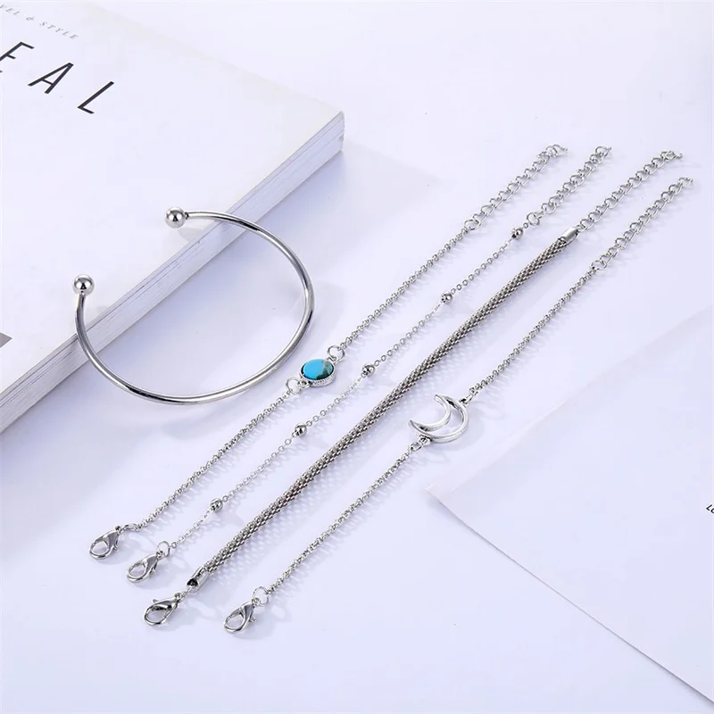 

Vienkim One Set Vintage Cuff Silver Color Bangle Bracelets Sets for Women Bohemia Moon Charm Chain Bracelets 2019 Jewelry Gifts