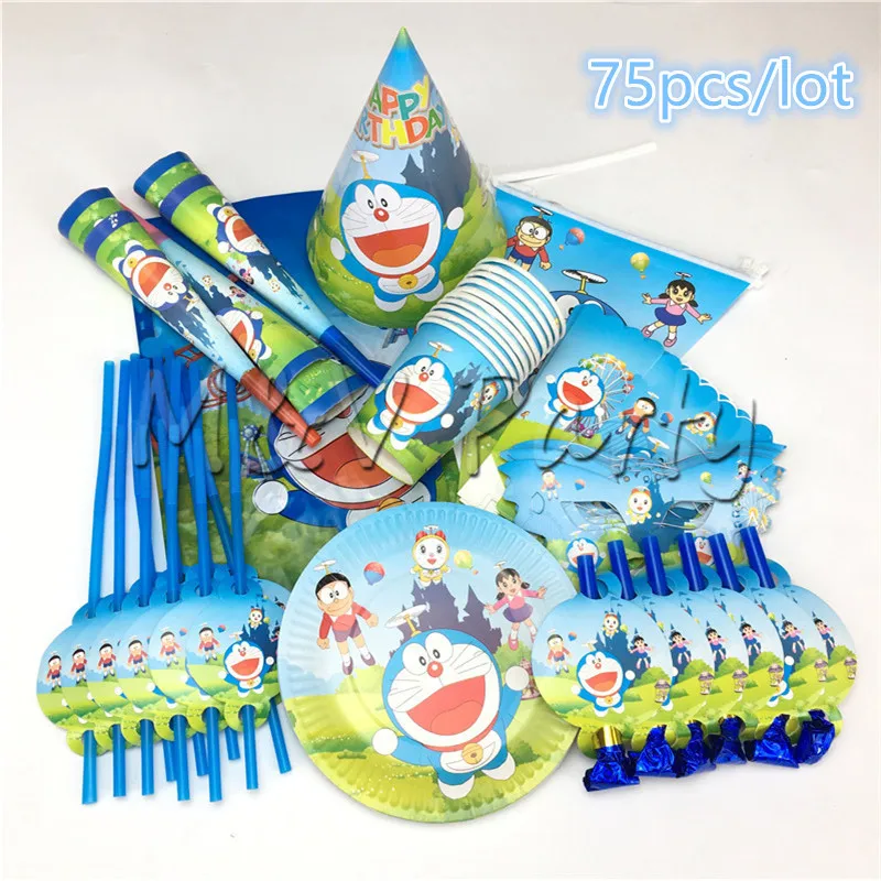 75pcs 75 шт/лот Cartonn Doraemon тема вечерние одноразовые столовые приборы набор бумажные чашки тарелки набор детская вечеринка на день рождения украшения - Цвет: 75pcs