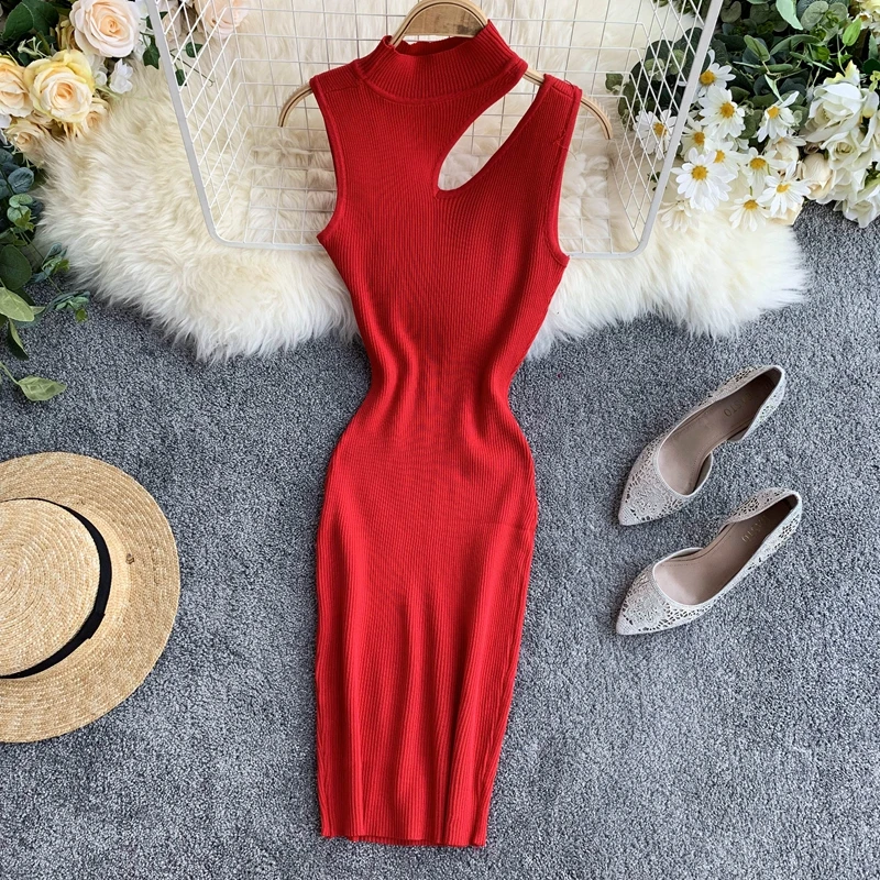 OCEANLOVE Knitted Sexy Dress Hollow Out Sleeveless High Waist Women Midi Dresses Summer Bodycon Retro Slim Vestidos 12431