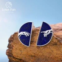 lotus fun real 925 sterling silver earrings natural lapis lazuli fine jewelry hand of god from the creation of adam stud earring