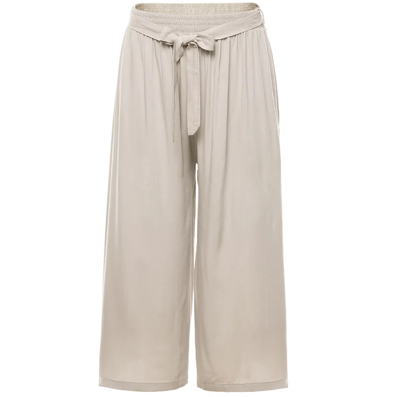 Suvacne Summer Office Lady 7 Solid Color High Waist Fashion Wide Leg Pants Thin Cotton Loose Calf-legth | Женская одежда