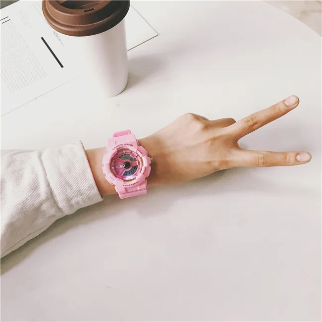 Ulzzang многофункциональные электронные спортивные часы для мужчин и женщин, водонепроницаемые силиконовые студенческие часы, женские наручные часы с большим циферблатом, мужские часы - Цвет: pink watch
