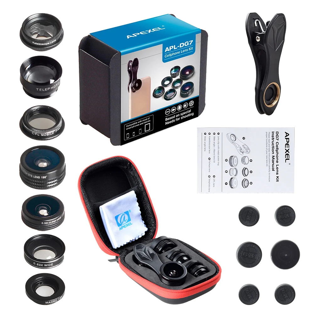 

APEXEL 7in1 Wide Angle Lens for iPhone Samsung Xiaomi S7 S8 S9 Phone Camera Lens Kit Fish Eye /Macro Lens CPL Kaleidoscope