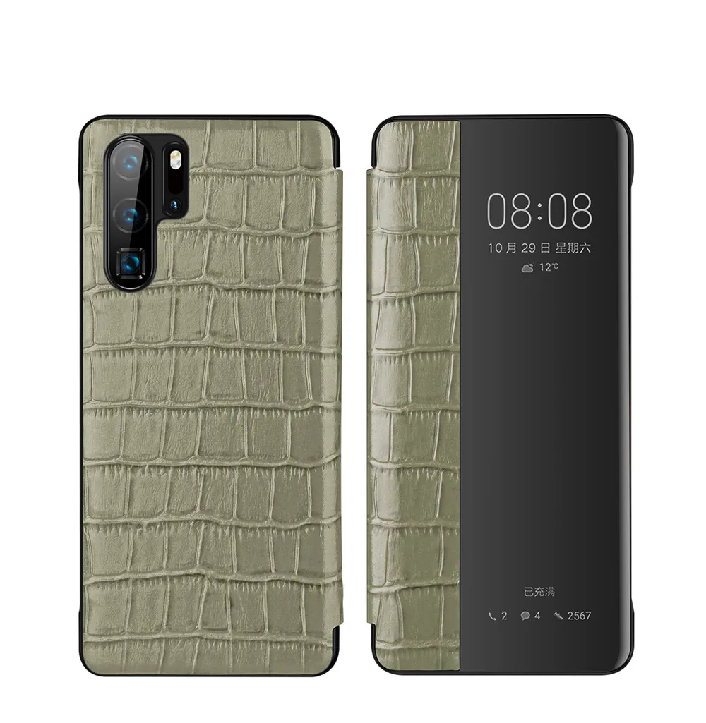 beige P30 Smart Case Роскошный чехол 3D крокодиловой кожи Текстура Вид из окна натуральная кожа чехол для huawei P30 PRO флип чехол - Цвет: beige