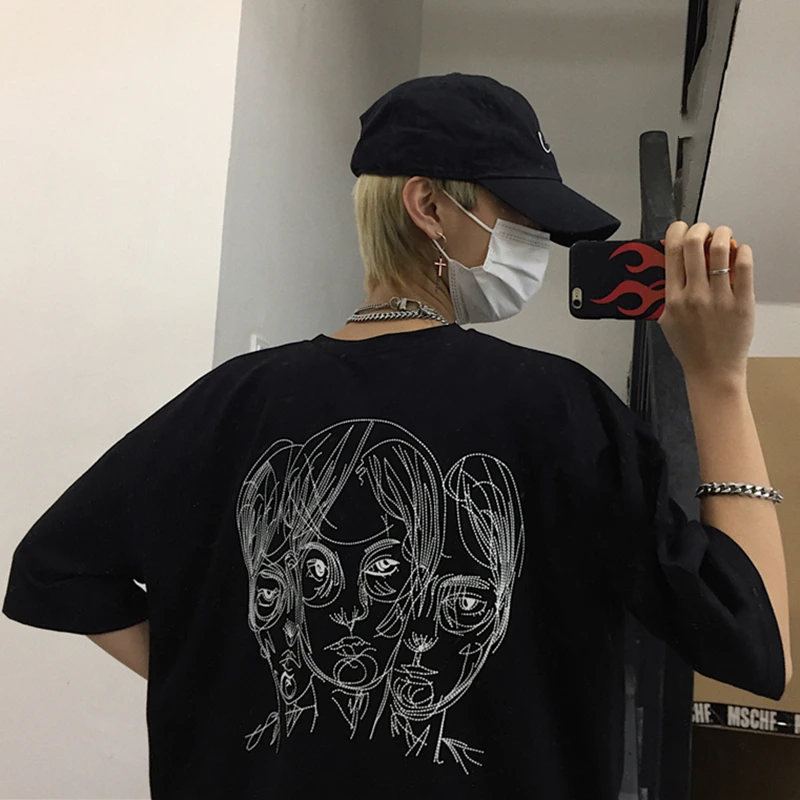 black Винтажная парная футболка с коротким рукавом и принтом Harajuku, Модные свободные летние футболки с круглым вырезом - Цвет: black
