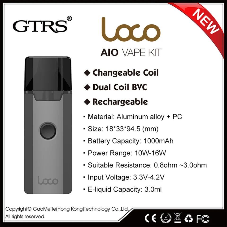 Original Gtrs LOCO AIO Vape kit Pod system electronic cigarette with 1000mah battery mod 3ml cartridge pod tank dual coil bvc |