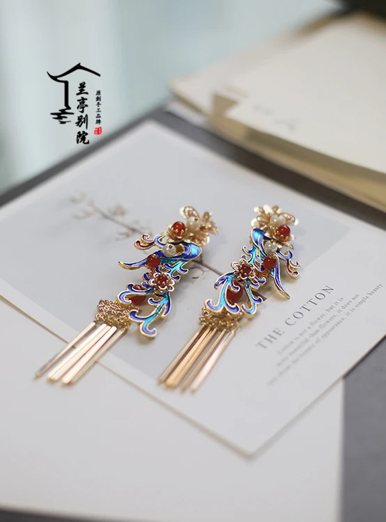 Оригинальные заколки для волос ручной работы и серьги Hanfu аксессуары ювелирные изделия Синяя перегородчатая имитация династии дианкуи Мин Цин