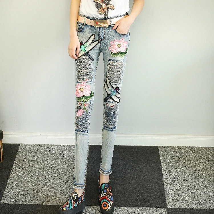 KL1213 3D Pattern embroidery sequined girls denim jeans women fashion hole ripped pencil pants long trousers