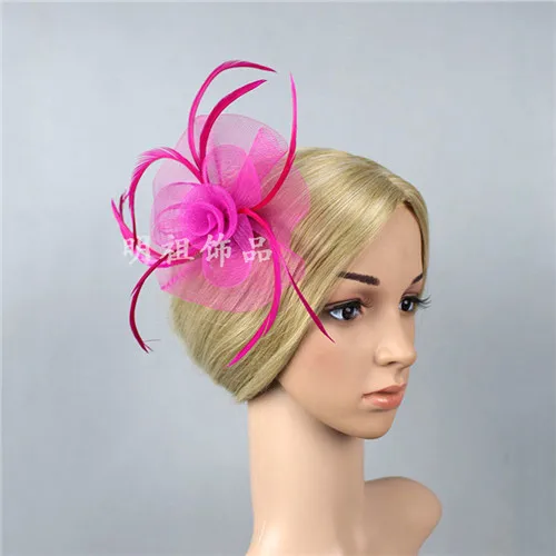 Hot Pink FGHGF, женский головной убор с перьями и цветами, заколка для волос, брошь на свадьбу, чай, вечерние головные уборы в стиле Кентукки, Дерби, церковный головной убор, 12 цветов - Цвет: Hot Pink