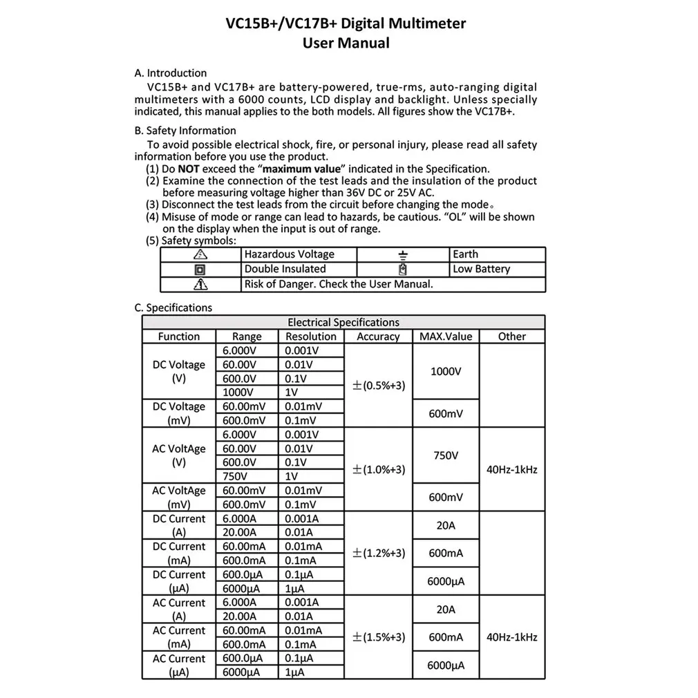 ZOTEK VC17B+ 6000 отсчетов True-RMS цифровой мультиметр Авто Диапазон AC/DC Напряжение измеритель тока Ом диод вольтметр с черным светом