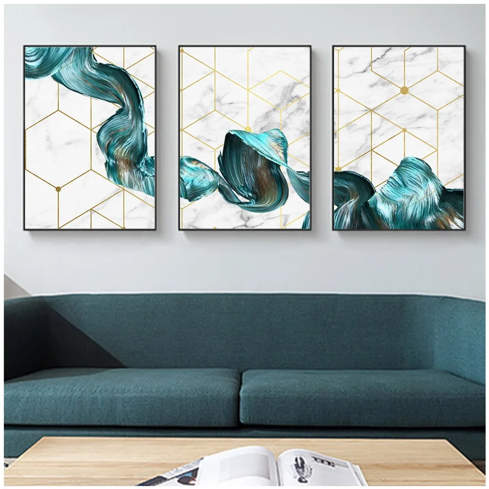 Abstract Marble With Blue Gold Paint Canvas Painting Poster And Print Nordic Decorative Picture Wall Art Living Room Home Decor | Дом и сад