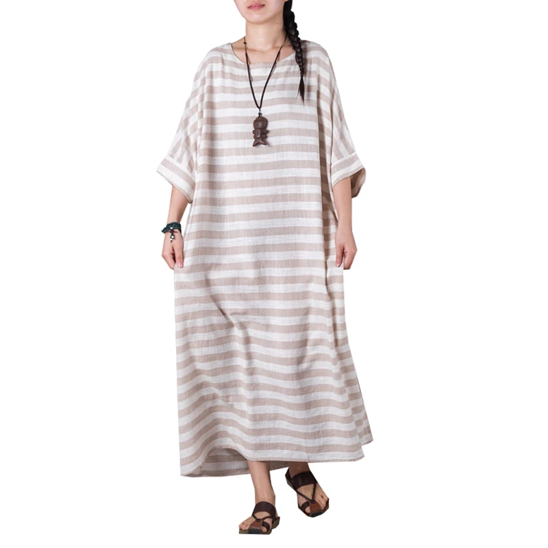 Летние женские платья 2017 винтажные полосатые рукава летучая мышь халат плюс