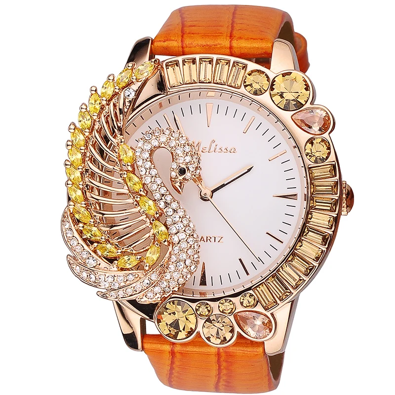 

Melissa Gorgeous Jewelry Watches for Women Personalized Big Size Rhinestone Swan Watch 3D Animal Genuine Leather Montre Femme
