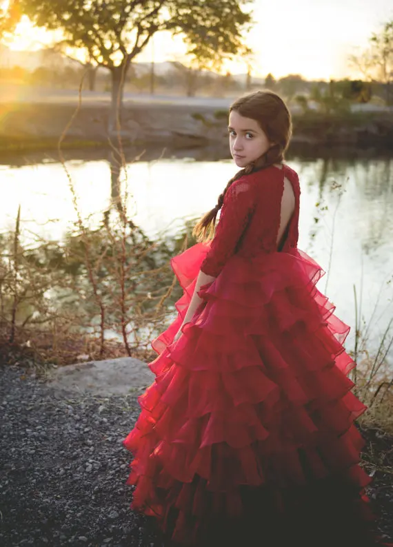 Бордовое красное кружевное платье с длинными рукавами для девочек многослойное