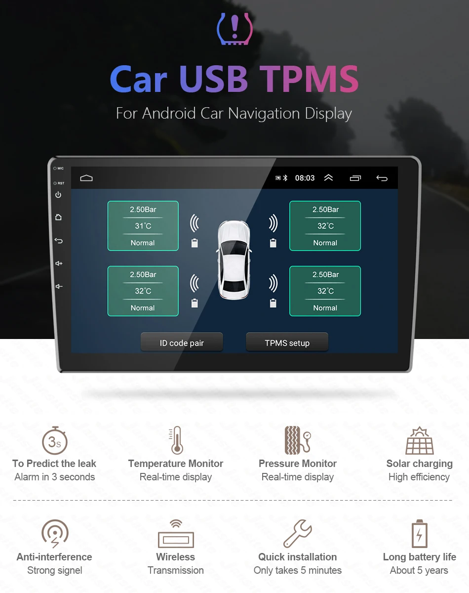 Jmcq USB Android системы контроля давления в шинах шин Давление мониторинга Системы 116 фунтов/кв. дюйм сигнализации Системы 5V внутренних и внешних Android навигации автомобиля радио