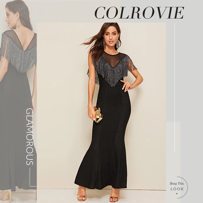 COLROVIE, черное, с бахромой, контрастная сетка, хомут, рыбий хвост, сексуальные, вечерние, макси платье для женщин,, летнее, без рукавов, для девушек, платье русалки