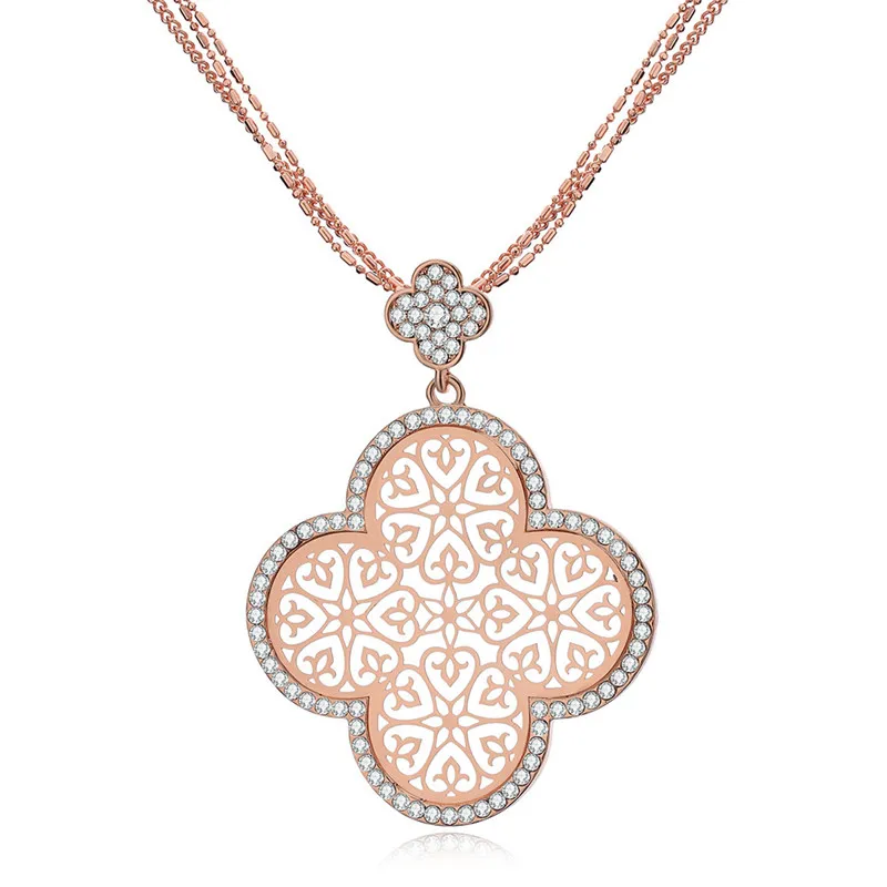 Rose Gold Винтажное ожерелье с подвеской в виде цветка из четырех листьев, многослойные длинные цепочки, розовое золото, колье с кристаллами, ювелирные изделия для женщин, подарок - Окраска металла: Rose Gold