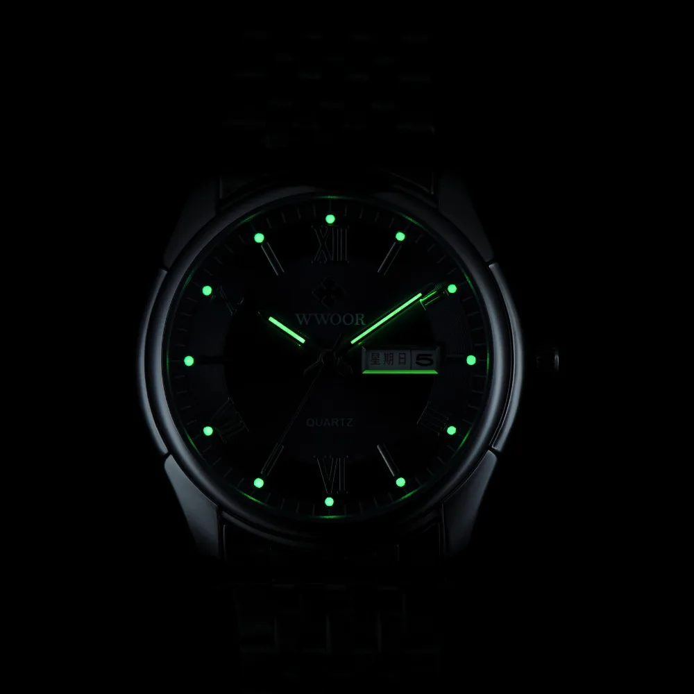 Мужские часы люксовый бренд день дата светящаяся серебро стальной ремешок