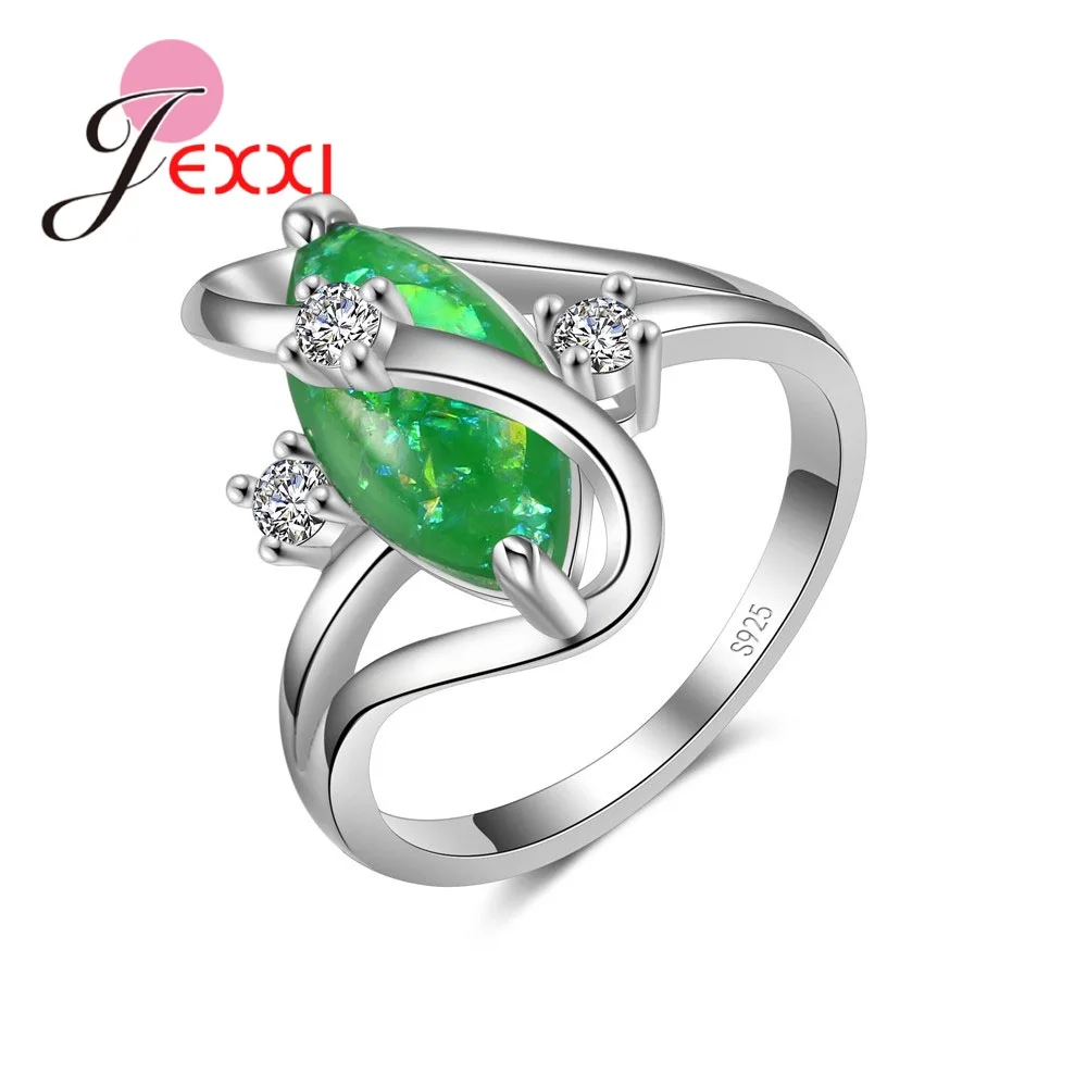 

Simple Noble Green Opal Stones Paved Genuine 925 Sterling Silver Promise Rings for Women Wedding Engagement Accessory