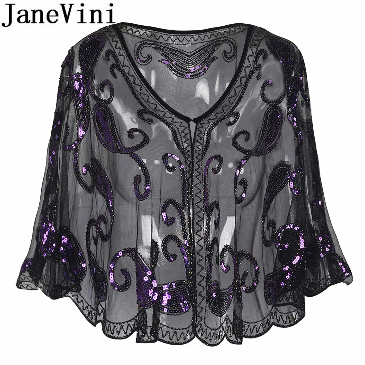JaneVini Blingbling расшитый блестками женский плащ вышитая бисером Свадебная кофта Болеро шаль черные Серебряные Блестки вечерние свадебные куртки палантин