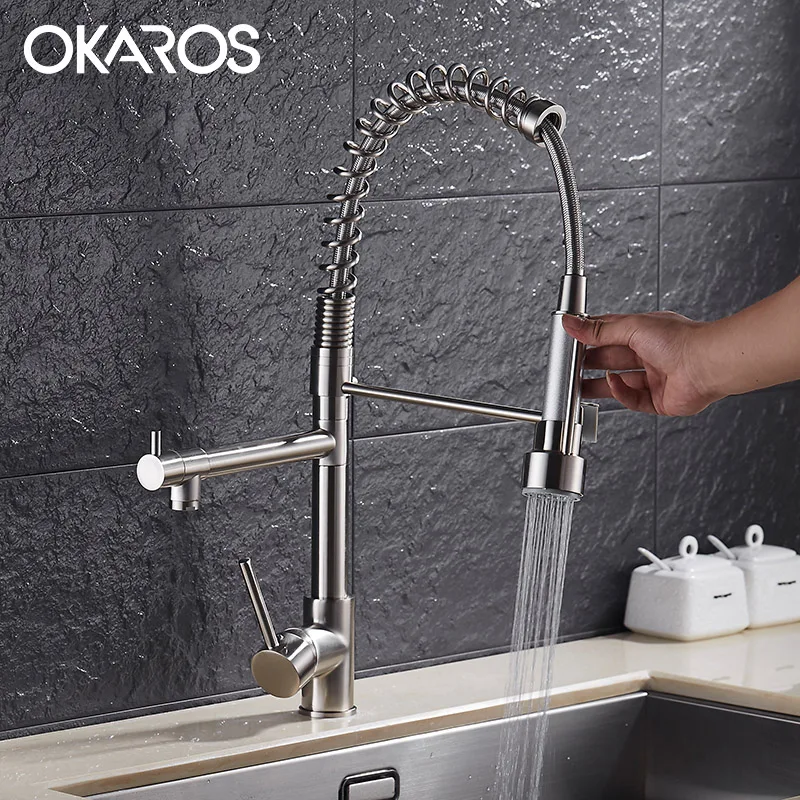 Кухонный кран OKAROS Выдвижной двойной распылитель хромированная латунь