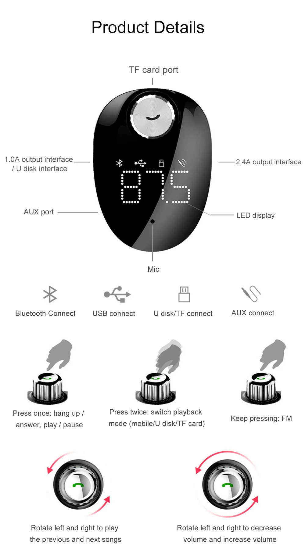 JINSERTA Handsfreee автомобильный Bluetooth fm-передатчик, двойное USB зарядное устройство, автомобильный mp3-плеер 3,5 мм, AUX аудио выход с TF U диском